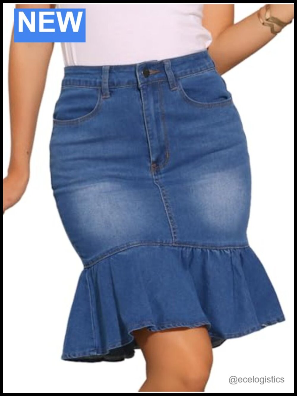 Allegra K Women's Denim Skirt High Rise Fishtail Ruffled Mermaid Hem Knee